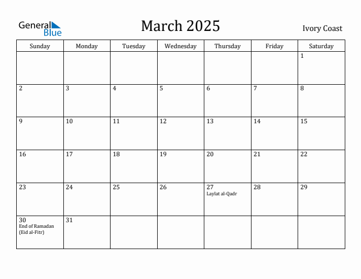 March 2025 Calendar Ivory Coast