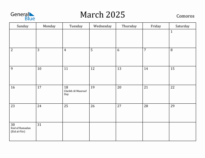March 2025 Calendar Comoros