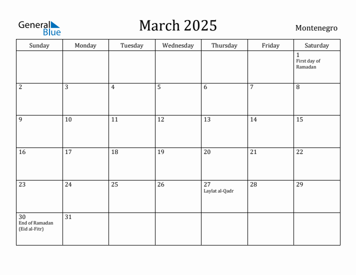 March 2025 Calendar Montenegro
