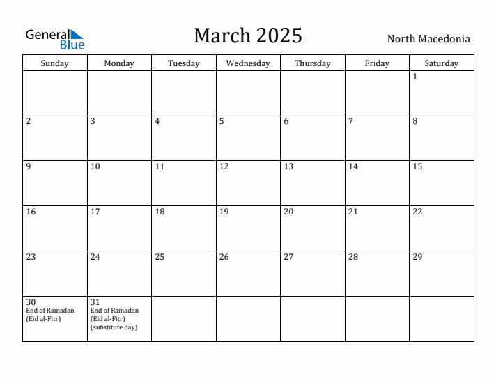 March 2025 Calendar North Macedonia