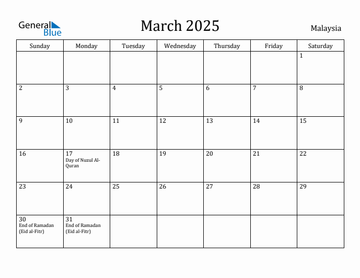 March 2025 Calendar Malaysia
