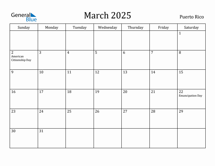 March 2025 Calendar Puerto Rico