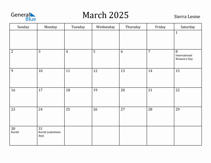 March 2025 Calendar Sierra Leone