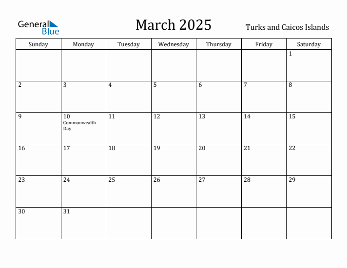 March 2025 Calendar Turks and Caicos Islands