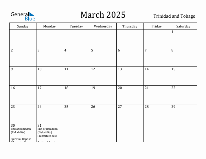 March 2025 Calendar Trinidad and Tobago