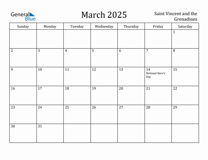 March 2025 Calendar Saint Vincent and the Grenadines