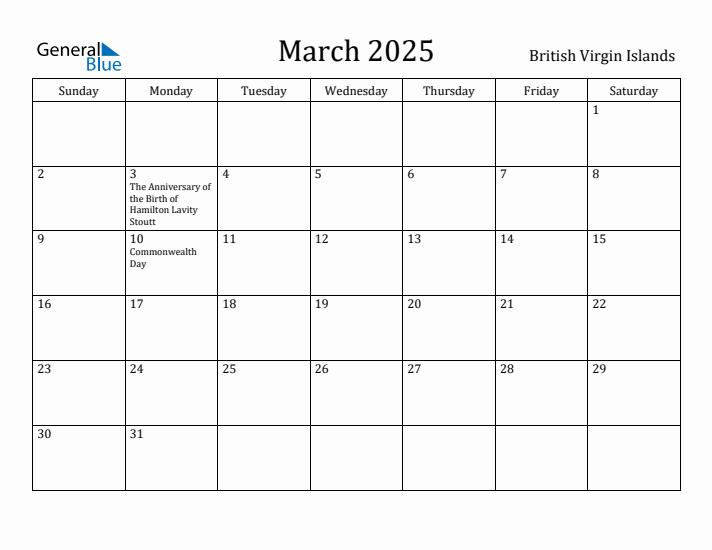 March 2025 Calendar British Virgin Islands