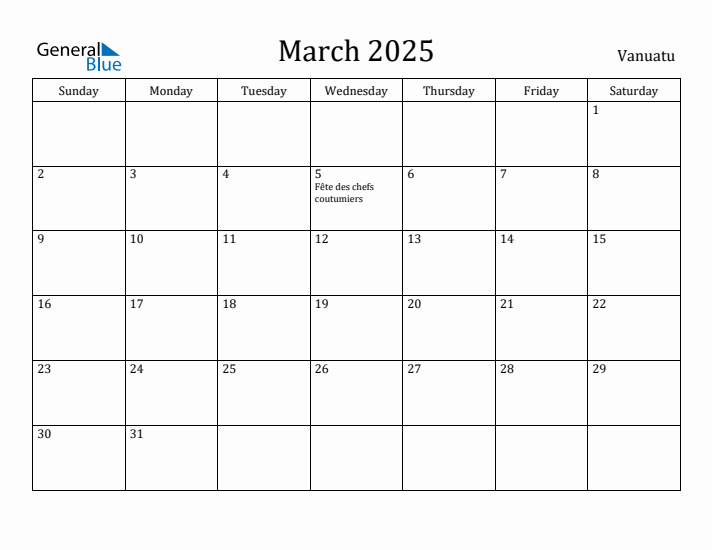 March 2025 Calendar Vanuatu