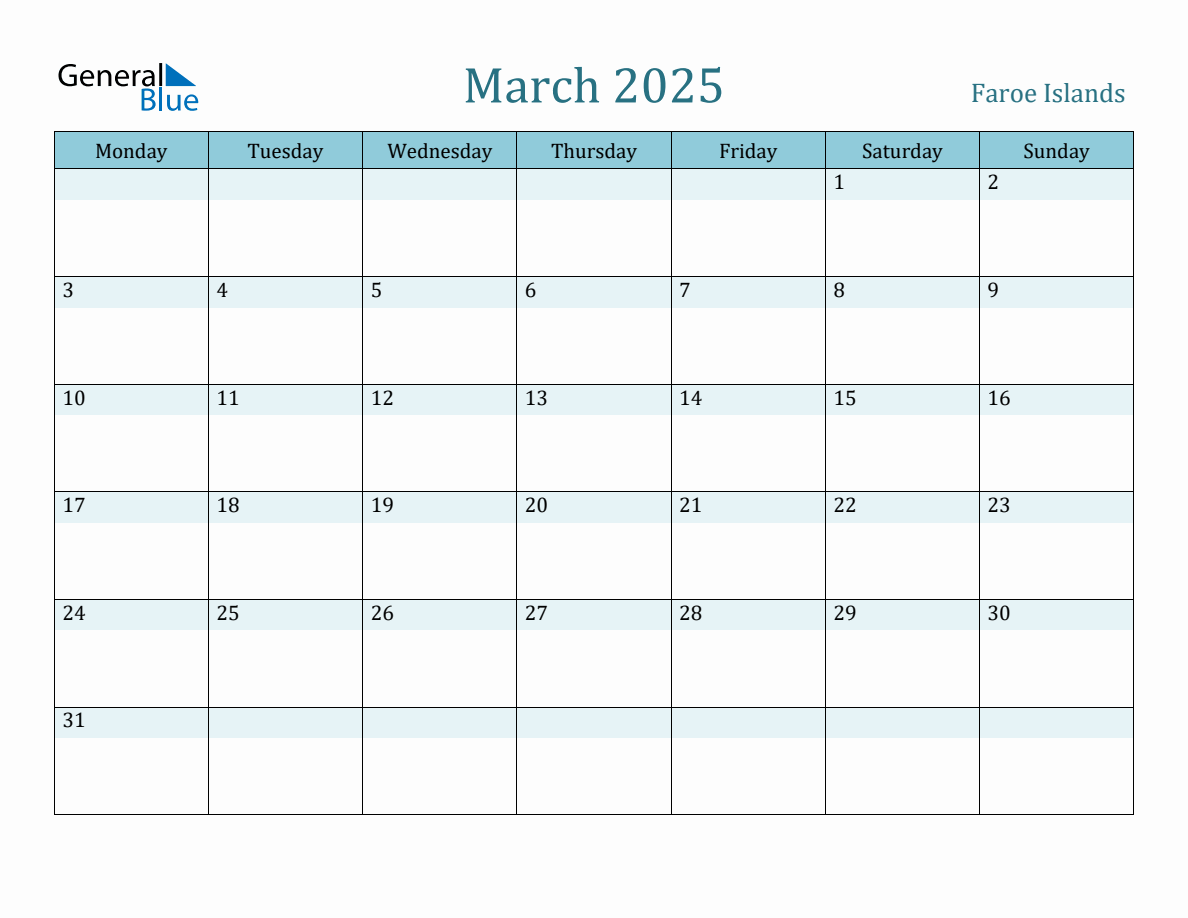 Faroe Islands Holiday Calendar for March 2025 (Monday Start)