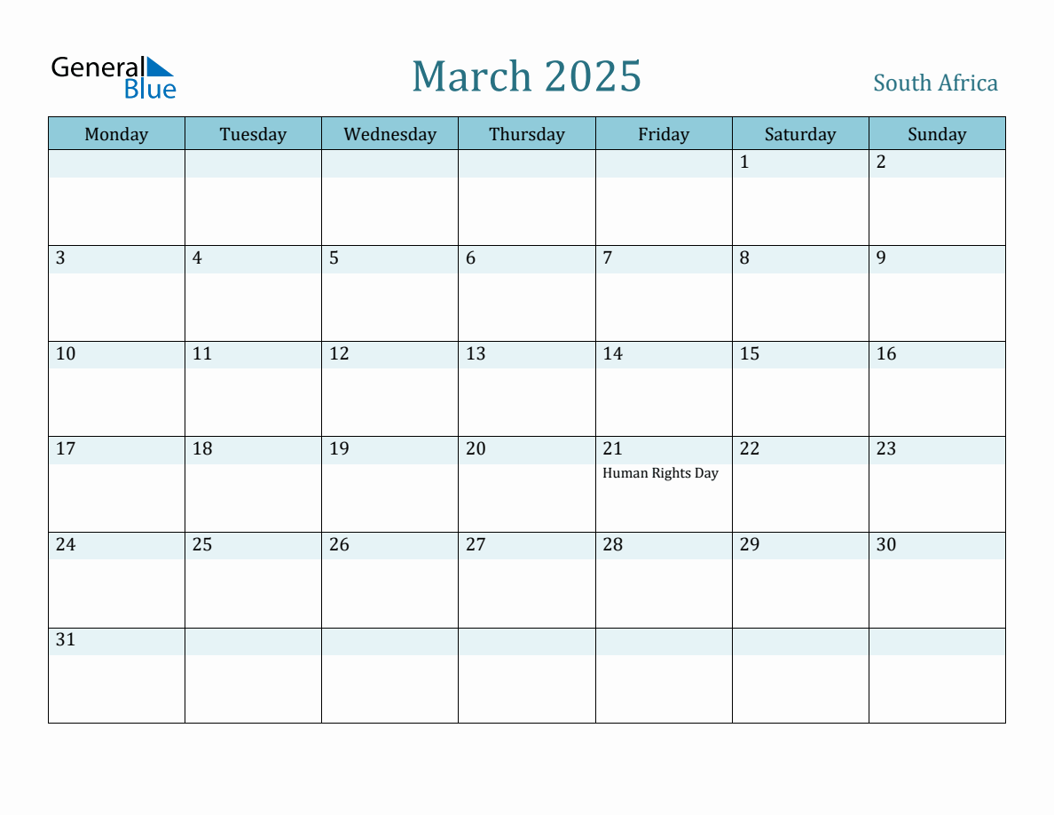 South Africa Holiday Calendar for March 2025 (Monday Start)