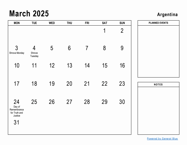 March 2025 Printable Monthly Calendar with Argentina Holidays