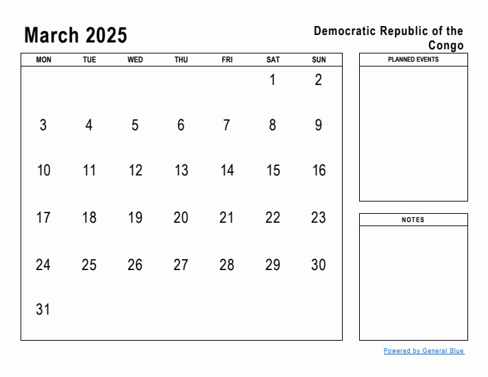 March 2025 Printable Monthly Calendar with Democratic Republic of the Congo Holidays