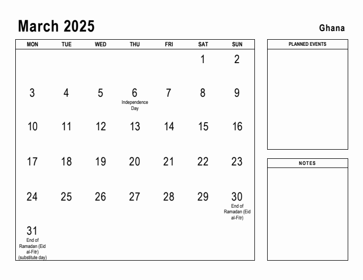 March 2025 Printable Monthly Calendar with Ghana Holidays