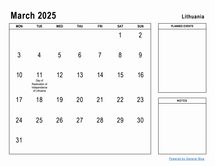 March 2025 Printable Monthly Calendar with Lithuania Holidays