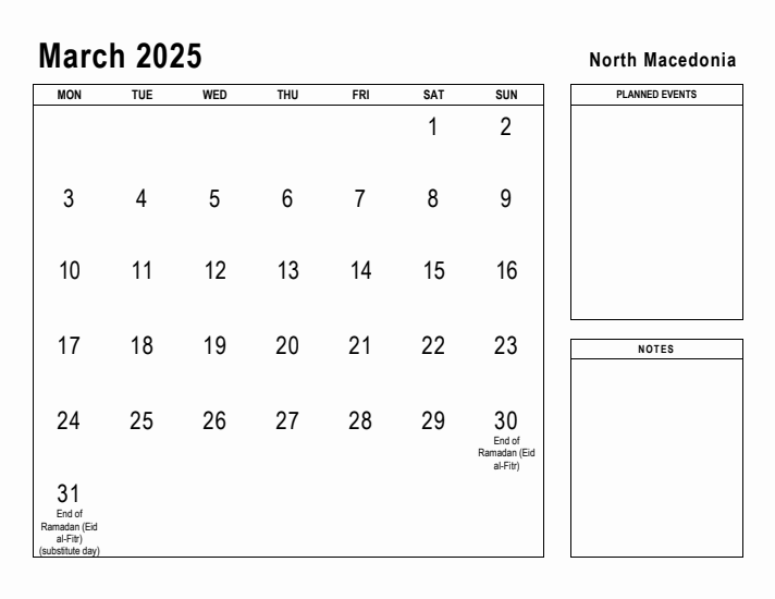 March 2025 Printable Monthly Calendar with North Macedonia Holidays