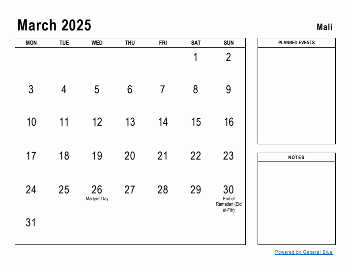 March 2025 Printable Monthly Calendar with Mali Holidays