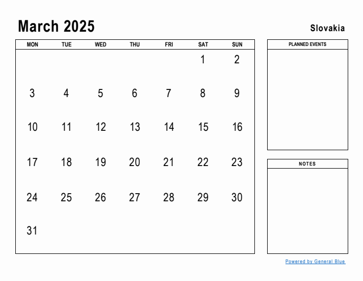 March 2025 Printable Monthly Calendar with Slovakia Holidays