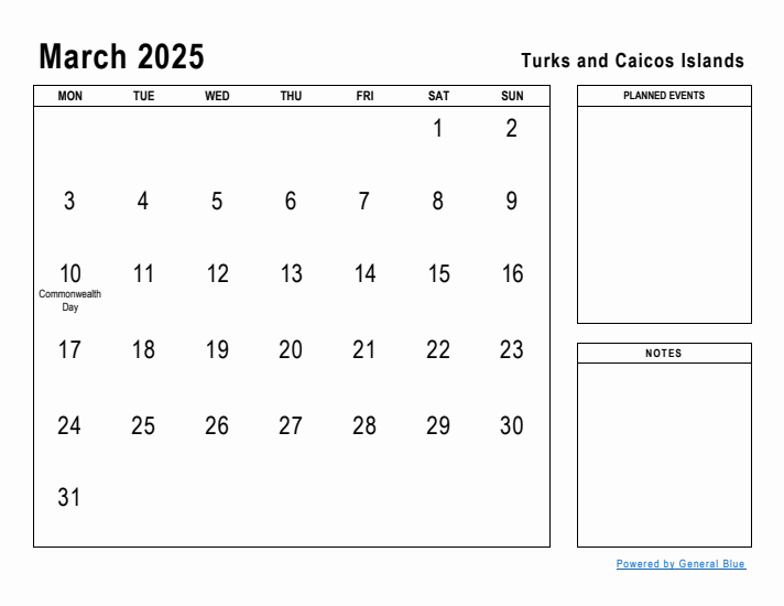 March 2025 Printable Monthly Calendar with Turks and Caicos Islands Holidays