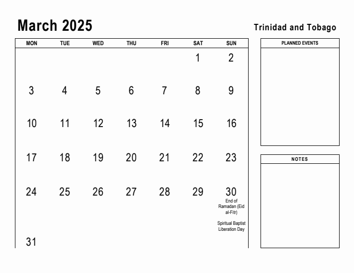 March 2025 Printable Monthly Calendar with Trinidad and Tobago Holidays