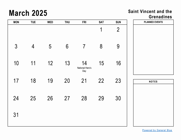 March 2025 Printable Monthly Calendar with Saint Vincent and the Grenadines Holidays
