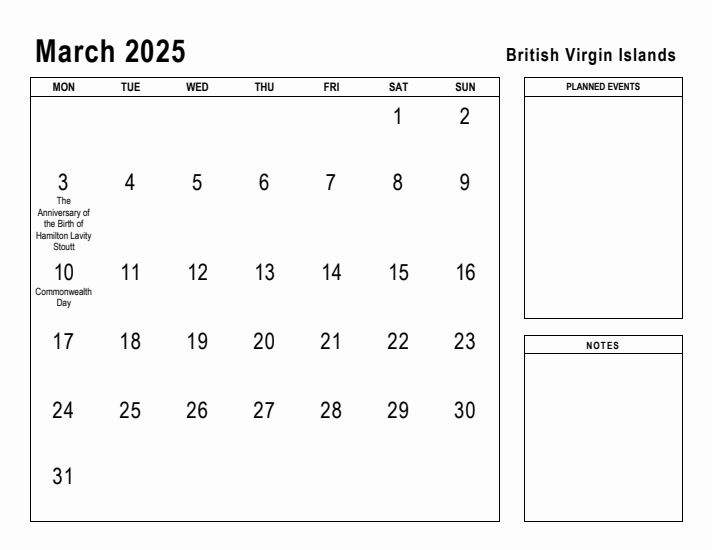 March 2025 Printable Monthly Calendar with British Virgin Islands Holidays