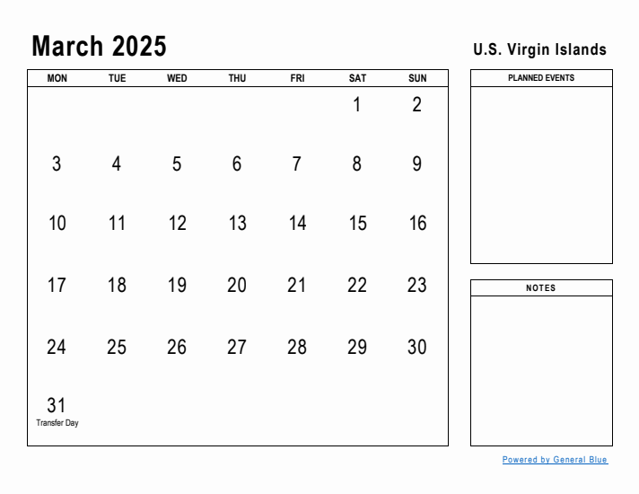 March 2025 Printable Monthly Calendar with U.S. Virgin Islands Holidays