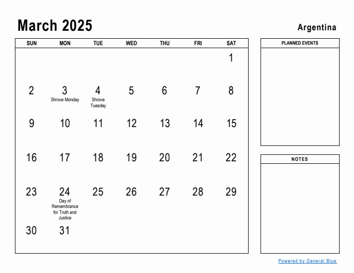 March 2025 Printable Monthly Calendar with Argentina Holidays