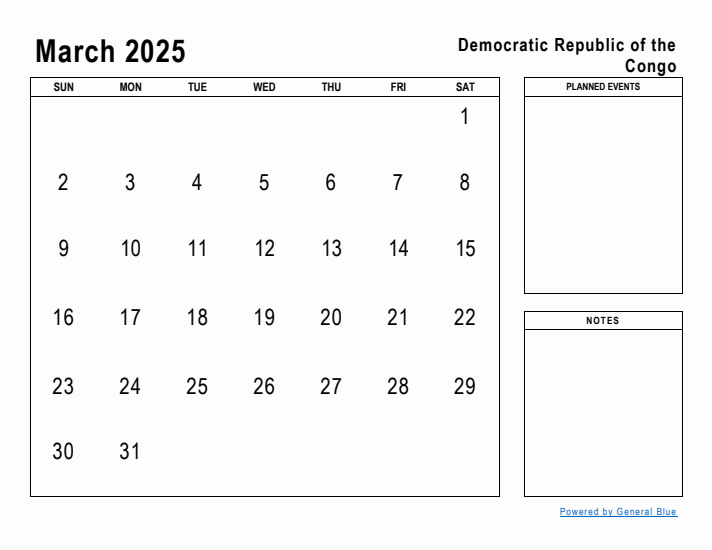 March 2025 Printable Monthly Calendar with Democratic Republic of the Congo Holidays