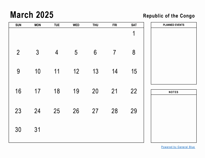 March 2025 Printable Monthly Calendar with Republic of the Congo Holidays