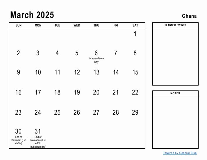March 2025 Printable Monthly Calendar with Ghana Holidays