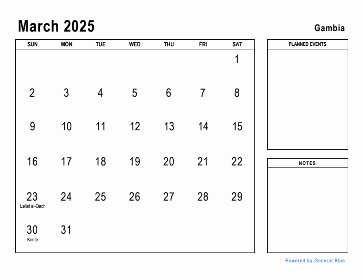 March 2025 Printable Monthly Calendar with Gambia Holidays