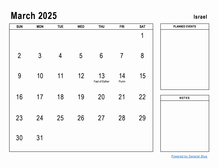 March 2025 Printable Monthly Calendar with Israel Holidays