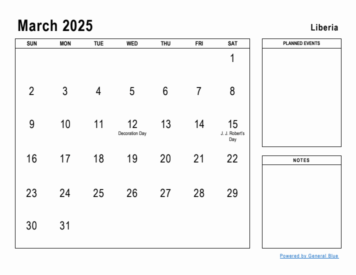 March 2025 Printable Monthly Calendar with Liberia Holidays
