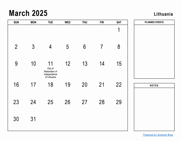 March 2025 Printable Monthly Calendar with Lithuania Holidays
