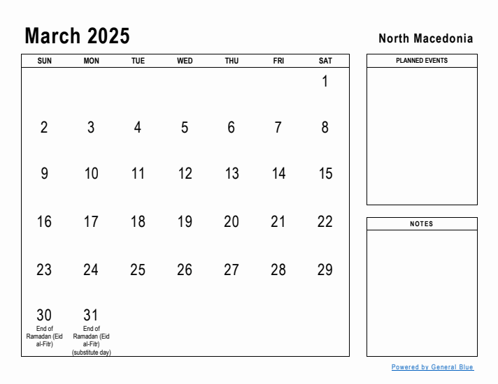 March 2025 Printable Monthly Calendar with North Macedonia Holidays