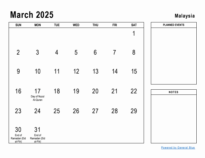 March 2025 Printable Monthly Calendar with Malaysia Holidays
