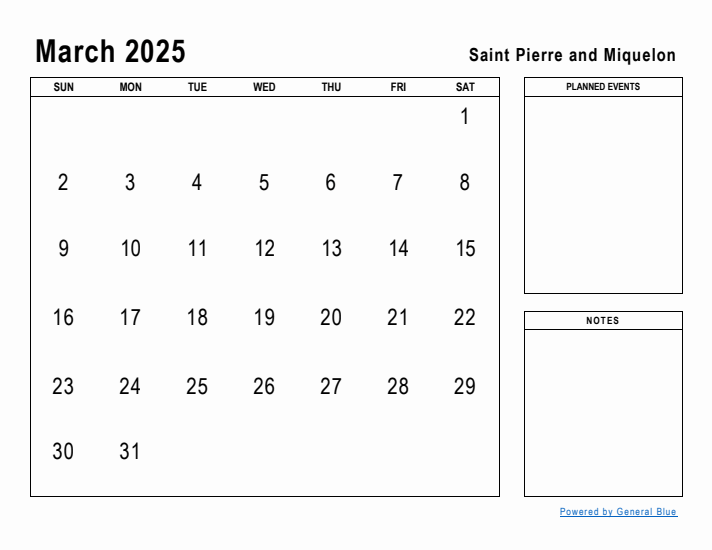 March 2025 Printable Monthly Calendar with Saint Pierre and Miquelon Holidays