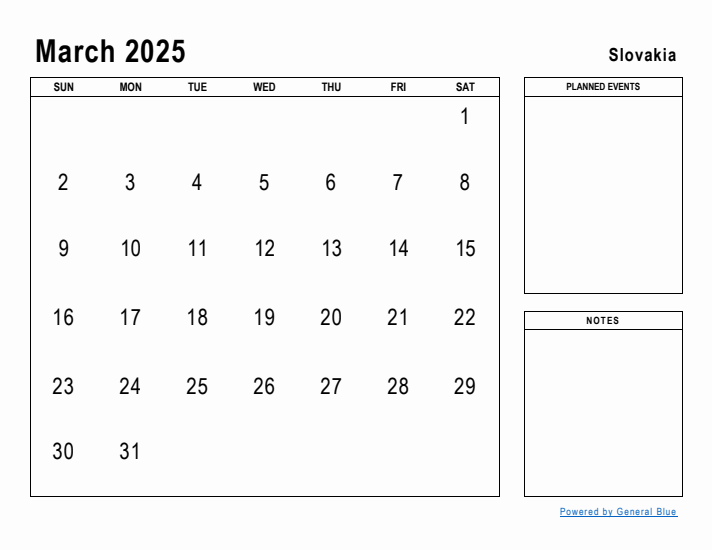 March 2025 Printable Monthly Calendar with Slovakia Holidays