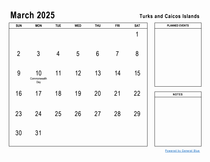 March 2025 Printable Monthly Calendar with Turks and Caicos Islands Holidays