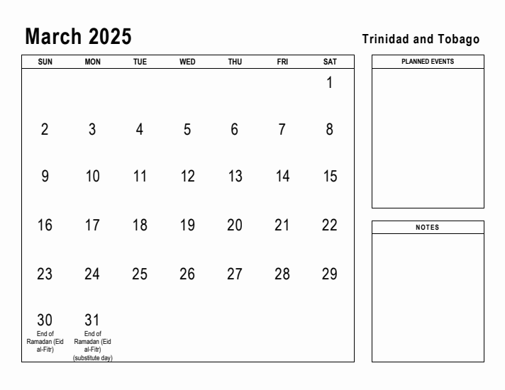 March 2025 Printable Monthly Calendar with Trinidad and Tobago Holidays