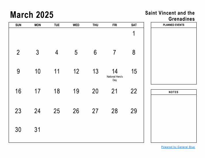 March 2025 Printable Monthly Calendar with Saint Vincent and the Grenadines Holidays