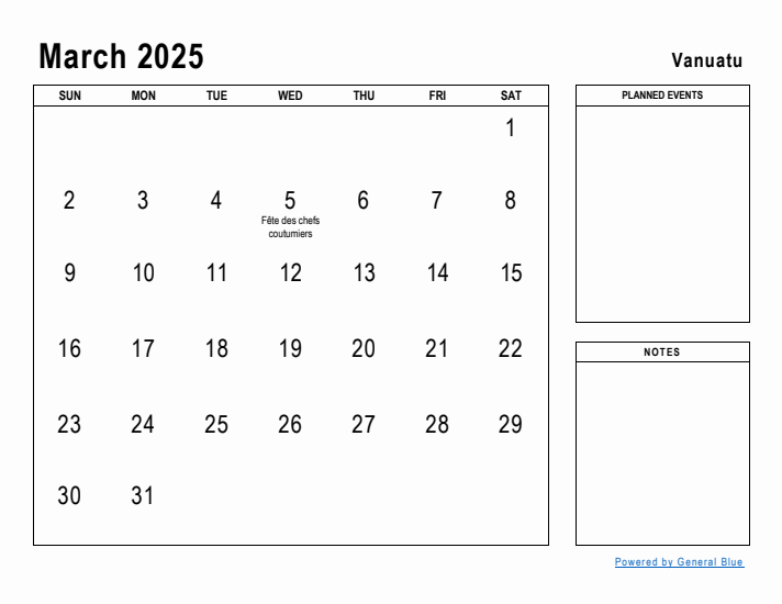 March 2025 Printable Monthly Calendar with Vanuatu Holidays