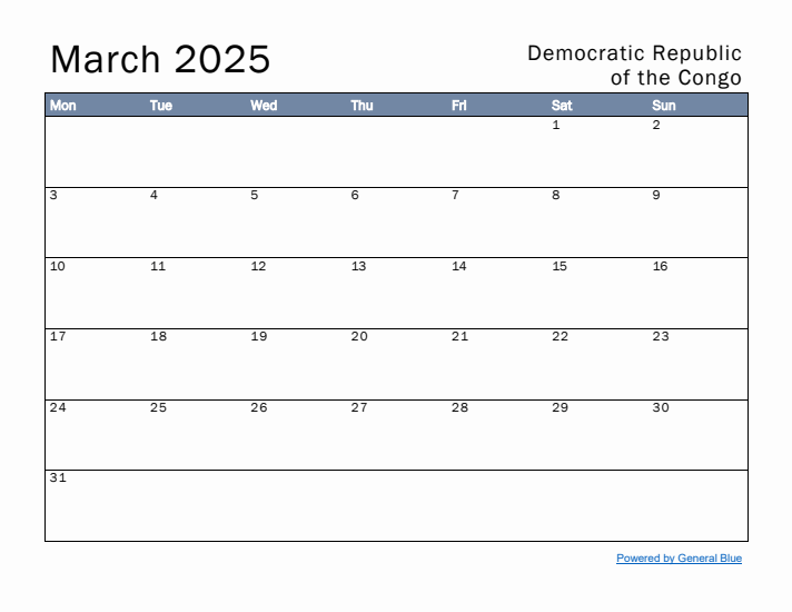 March 2025 Simple Monthly Calendar for Democratic Republic of the Congo