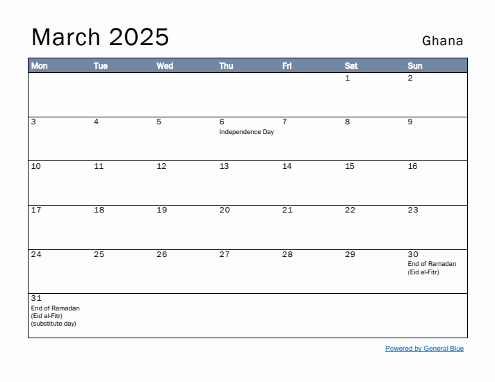 March 2025 Simple Monthly Calendar for Ghana