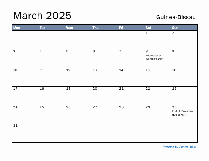 March 2025 Simple Monthly Calendar for Guinea-Bissau