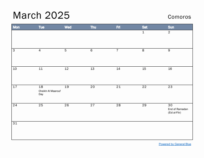 March 2025 Simple Monthly Calendar for Comoros