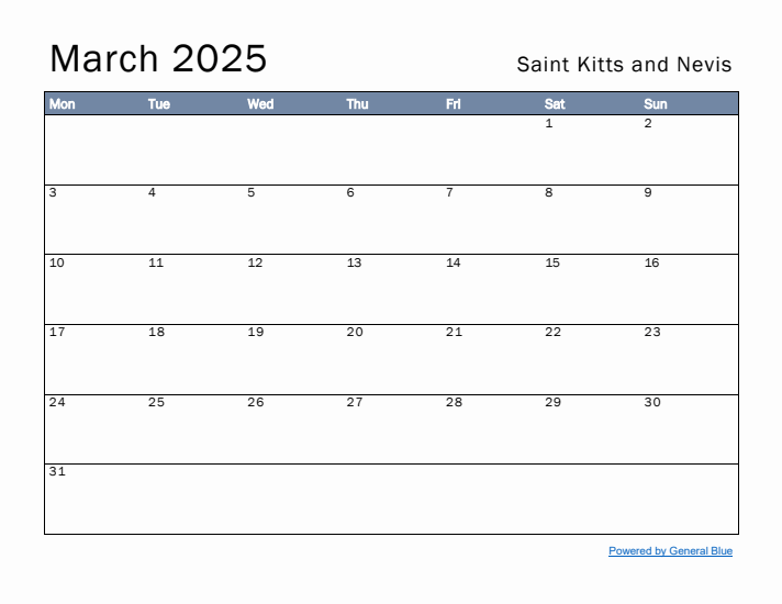 March 2025 Simple Monthly Calendar for Saint Kitts and Nevis