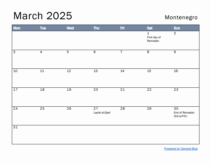 March 2025 Simple Monthly Calendar for Montenegro