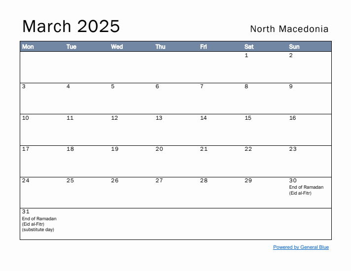March 2025 Simple Monthly Calendar for North Macedonia
