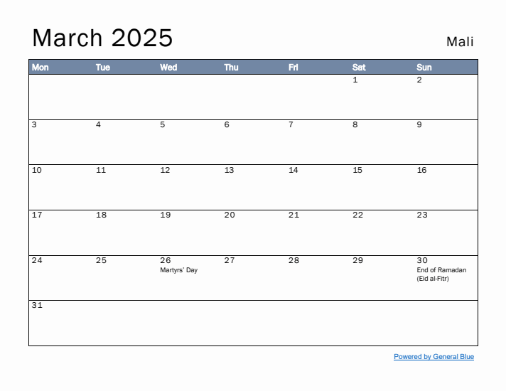March 2025 Simple Monthly Calendar for Mali